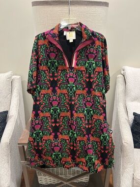 Vibrant Black Floral Short-Sleeve Dress with Pink & Green Accents